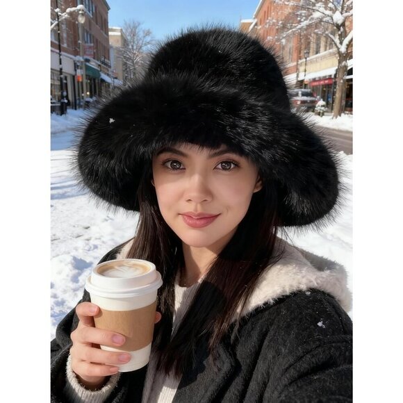 Women\'s Black Oversized Winter Long Pile Fur Wide Moldable Brim Warmer Cap main image 6